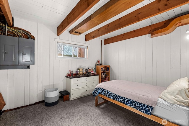 780 10th St NE, East Wenatchee, WA 98802 - bedroom with carpet flooring, wooden walls, and a wooden ceiling with exposed beams