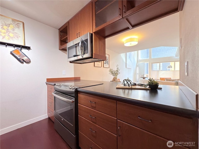 7309 Sand Point Way NE Unit B727, Seattle, WA 98115 - kitchen featuring glass insert cabinets, brown cabinetry, baseboards, dark countertops, and appliances with stainless steel finishes