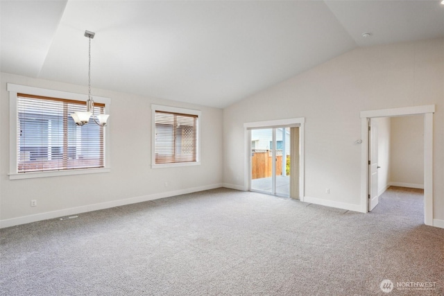 14431 22nd Avenue Ct E, Tacoma, WA 98445 - empty room featuring an inviting chandelier, baseboards, lofted ceiling, and light carpet