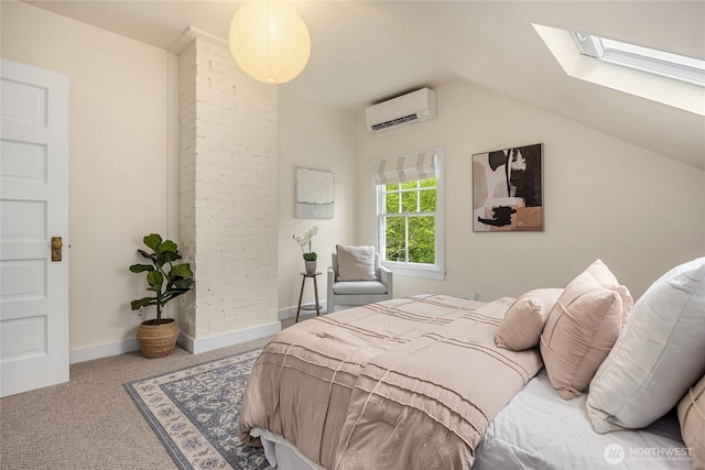 bedroom with baseboards, a wall mounted air conditioner, carpet, and vaulted ceiling with skylight