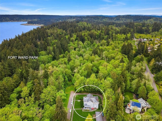 drone / aerial view featuring a view of trees and a water view