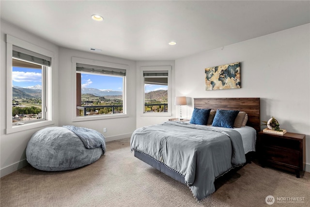 bedroom with baseboards, visible vents, carpet, and recessed lighting
