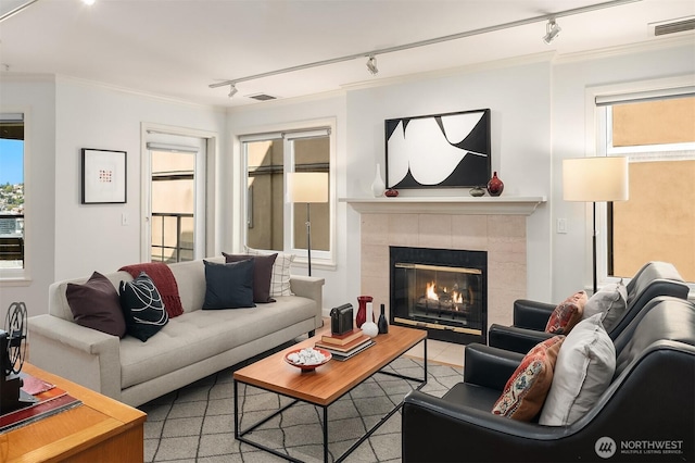 living room featuring track lighting, ornamental molding, a fireplace, and visible vents