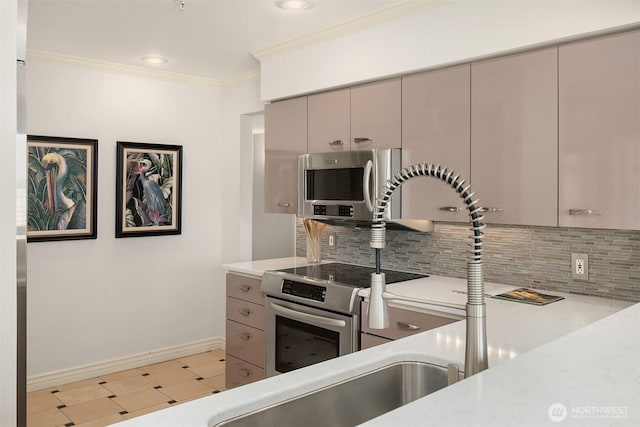 kitchen with stainless steel microwave, ornamental molding, baseboards, and tasteful backsplash