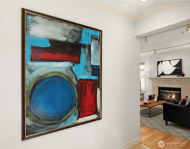 details with baseboards, ornamental molding, wood finished floors, and a tile fireplace