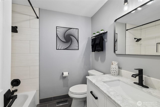 bathroom with visible vents, tile patterned flooring, vanity, toilet, and washtub / shower combination