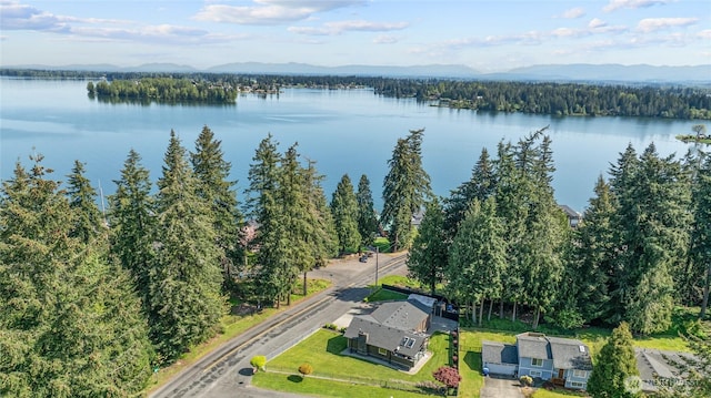 bird's eye view with a water and mountain view and a forest view