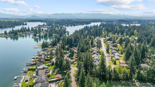 aerial view with a water and mountain view and a view of trees