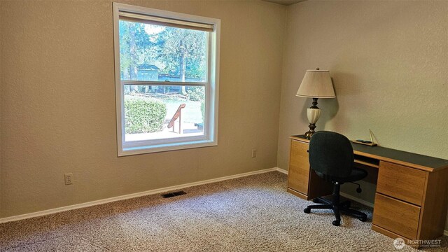 carpeted office space featuring baseboards, visible vents, a textured wall, and a healthy amount of sunlight