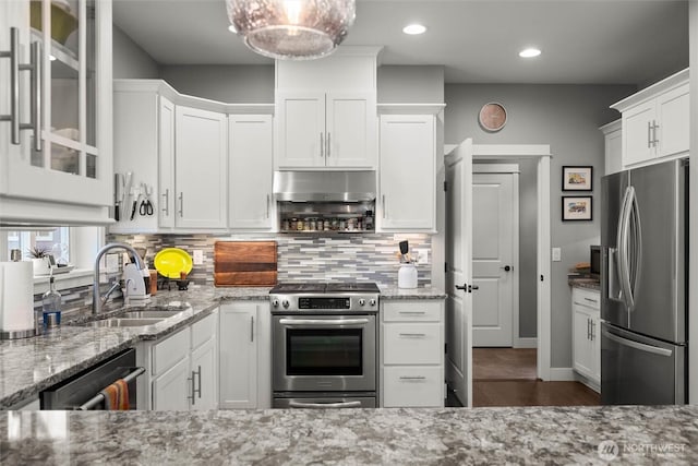 kitchen with under cabinet range hood, tasteful backsplash, light stone counters, a sink, and stainless steel appliances