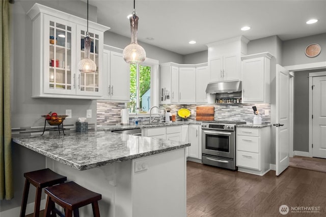 kitchen with white cabinets, light stone countertops, stainless steel appliances, and a peninsula