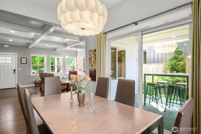 dining space featuring beam ceiling, wood finished floors, baseboards, coffered ceiling, and recessed lighting