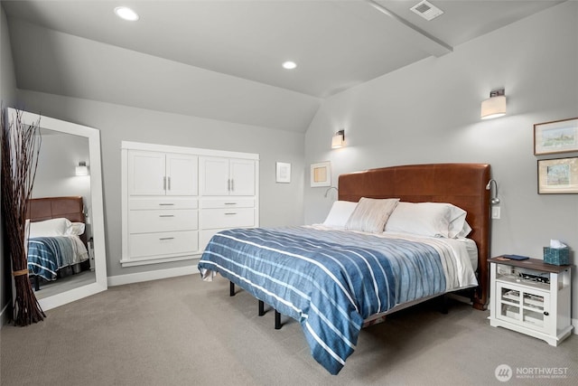 bedroom featuring carpet floors, recessed lighting, lofted ceiling, and visible vents