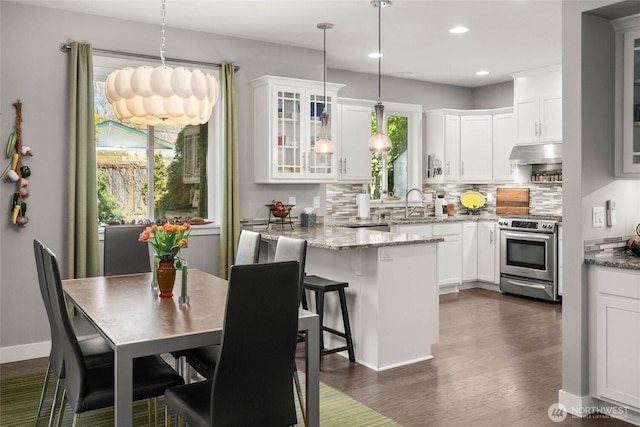 interior space featuring backsplash, stainless steel range, glass insert cabinets, under cabinet range hood, and white cabinetry