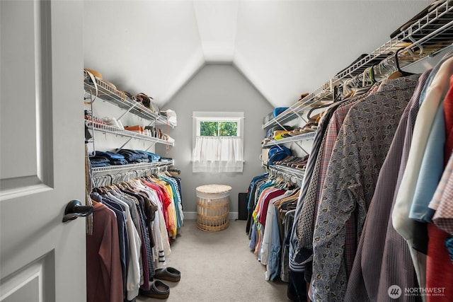 walk in closet featuring carpet floors and vaulted ceiling