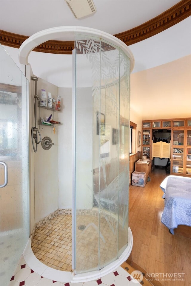 4385 Wildwood Ln, Anacortes, WA 98221 - full bath with a stall shower and wood finished floors