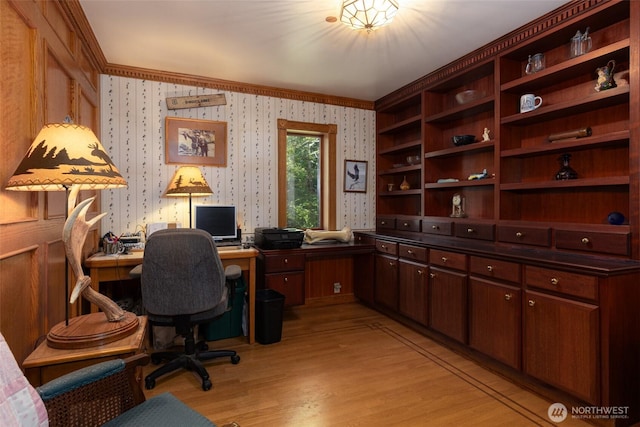 4385 Wildwood Ln, Anacortes, WA 98221 - office with wallpapered walls, ornamental molding, and light wood finished floors