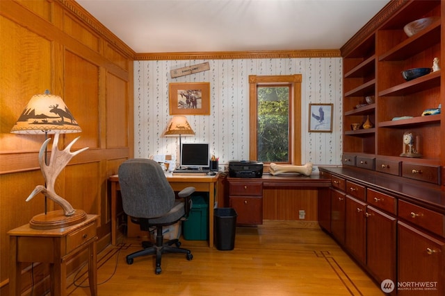 4385 Wildwood Ln, Anacortes, WA 98221 - home office featuring wallpapered walls, light wood finished floors, and ornamental molding