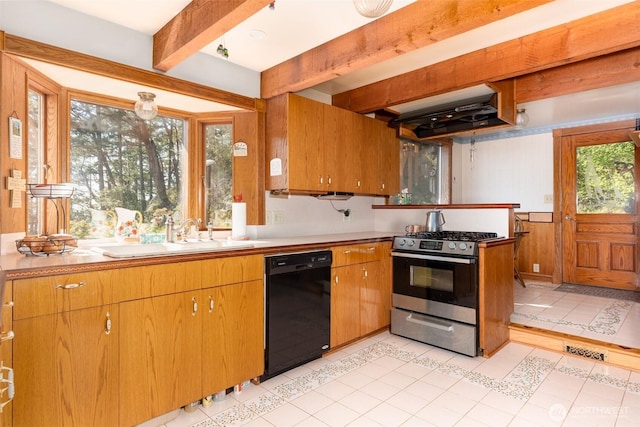 4385 Wildwood Ln, Anacortes, WA 98221 - kitchen with dishwasher, stainless steel range with gas cooktop, a sink, beamed ceiling, and light tile patterned floors