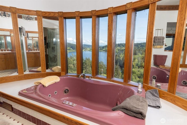 4385 Wildwood Ln, Anacortes, WA 98221 - bathroom with a water view, a tub with jets, and vanity