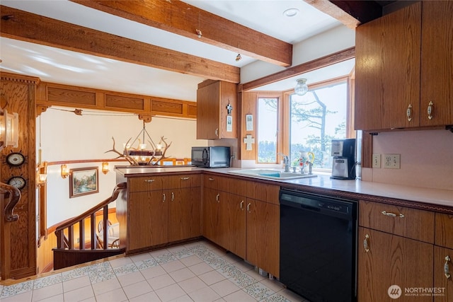 4385 Wildwood Ln, Anacortes, WA 98221 - kitchen with dishwasher, a sink, light tile patterned floors, beamed ceiling, and brown cabinetry