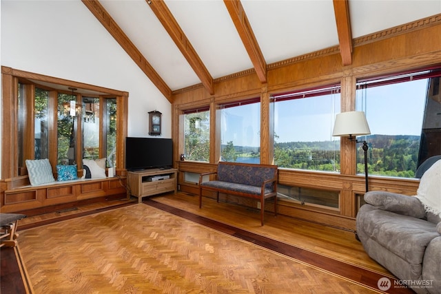 4385 Wildwood Ln, Anacortes, WA 98221 - living area with beam ceiling and high vaulted ceiling