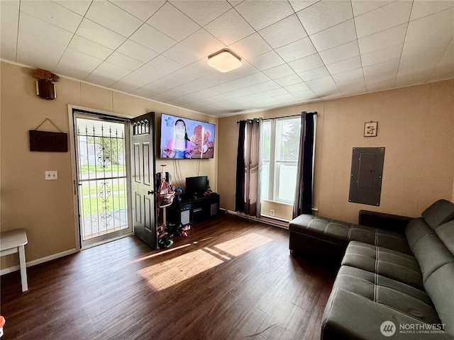 711 E Dayton Ave, Dayton, WA 99328 - living room featuring baseboards, wood finished floors, a healthy amount of sunlight, and electric panel