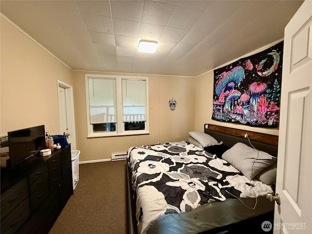 711 E Dayton Ave, Dayton, WA 99328 - bedroom featuring a baseboard heating unit, ornamental molding, carpet, and baseboards