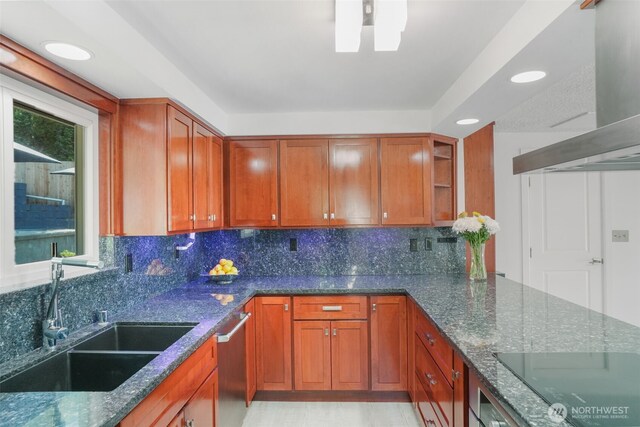 8305 NW Fruit Valley Rd, Vancouver, WA 98665 - kitchen with dark stone counters, black electric cooktop, a sink, and dishwasher