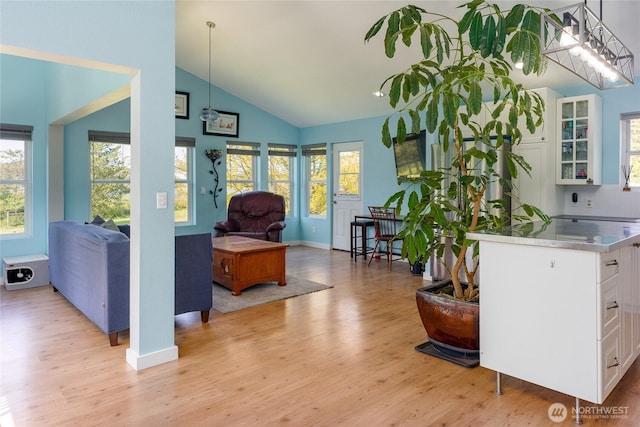 486 Wren Rd, Lopez Island, WA 98261 - living area featuring high vaulted ceiling, baseboards, light wood-style flooring, and plenty of natural light