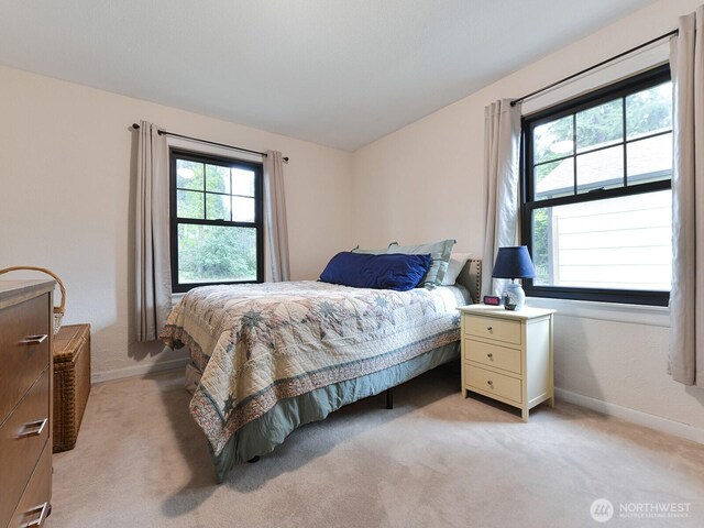 bedroom with baseboards and light colored carpet