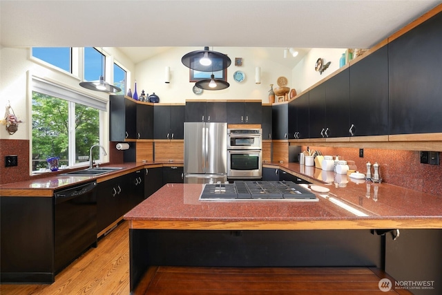 kitchen featuring a peninsula, tasteful backsplash, dark cabinets, a sink, and appliances with stainless steel finishes