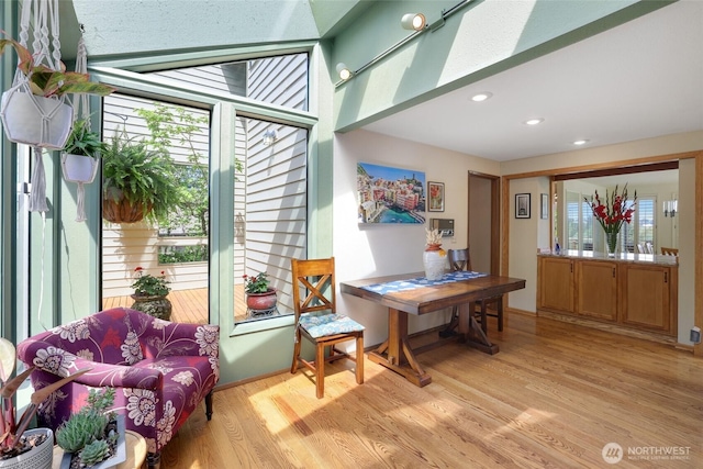 office with recessed lighting, plenty of natural light, and light wood finished floors