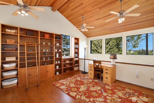 office space featuring light wood-style floors, high vaulted ceiling, a ceiling fan, wooden ceiling, and beamed ceiling