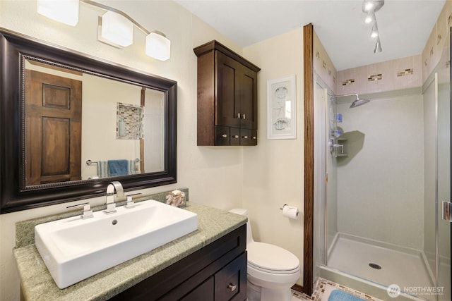 bathroom featuring vanity, toilet, and a shower stall