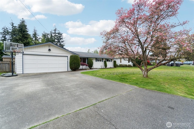 ranch-style house featuring an attached garage, driveway, and a front lawn