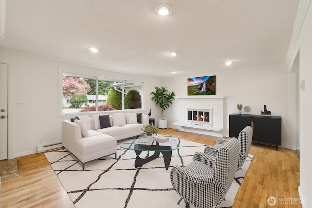 living room featuring ornamental molding, light wood finished floors, and a fireplace