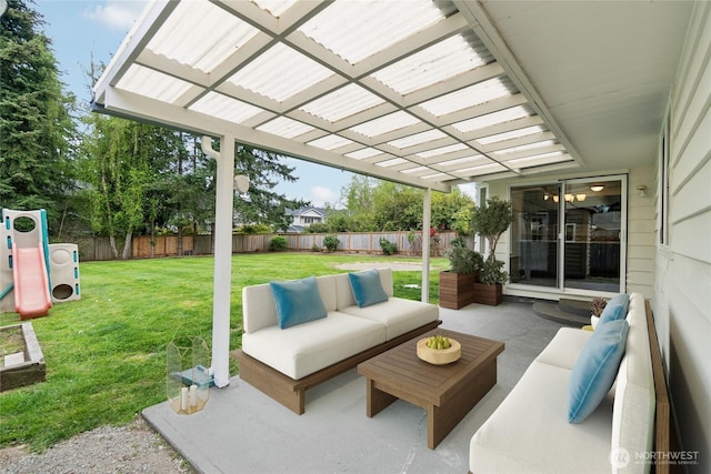 view of patio featuring a pergola, an outdoor hangout area, and a fenced backyard