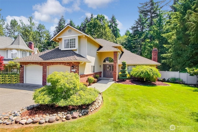 209 SW 331st Pl, Federal Way, WA 98023 - view of front of property with brick siding, a garage, asphalt driveway, a chimney, and roof with shingles