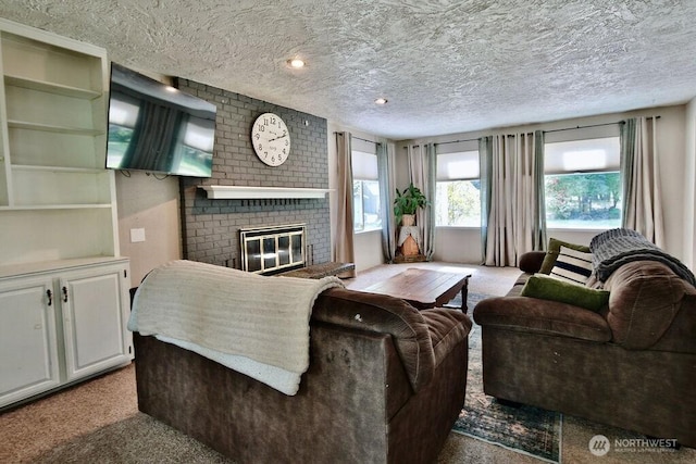70 Shadow Trl, Sequim, WA 98382 - carpeted living room featuring a fireplace and a textured ceiling