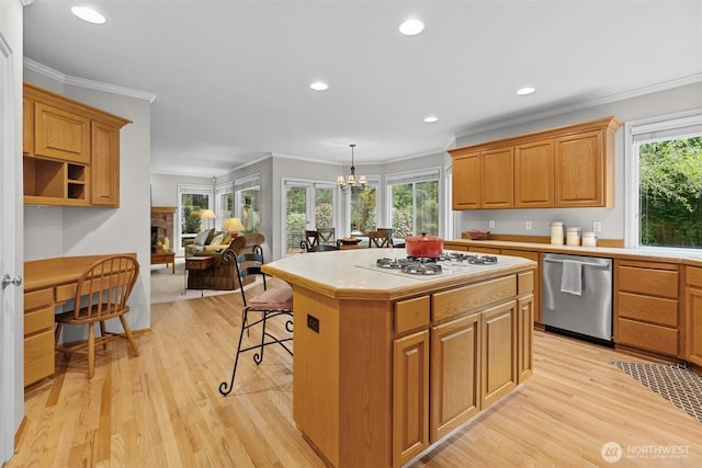 kitchen with stainless steel dishwasher, tile countertops, light wood-type flooring, and white gas stovetop