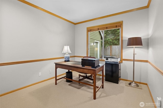 carpeted home office featuring crown molding and baseboards