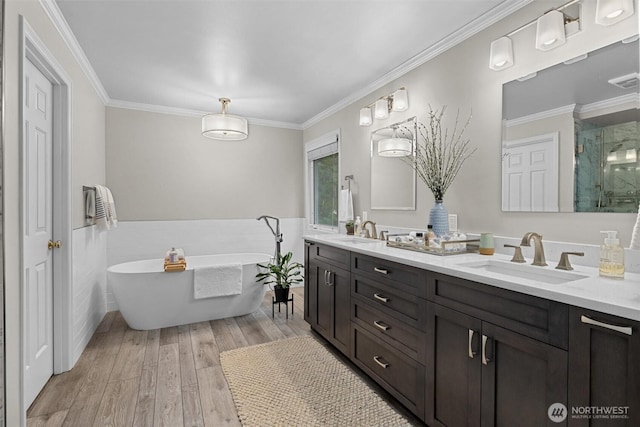 bathroom featuring double vanity, a sink, a soaking tub, and a stall shower