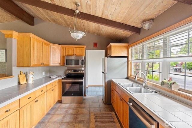 1302 Spruce St, Longview, WA 98632 - kitchen featuring appliances with stainless steel finishes, a sink, tile counters, wooden ceiling, and backsplash