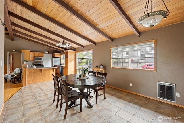 1302 Spruce St, Longview, WA 98632 - dining area featuring heating unit, wood ceiling, a chandelier, and baseboards