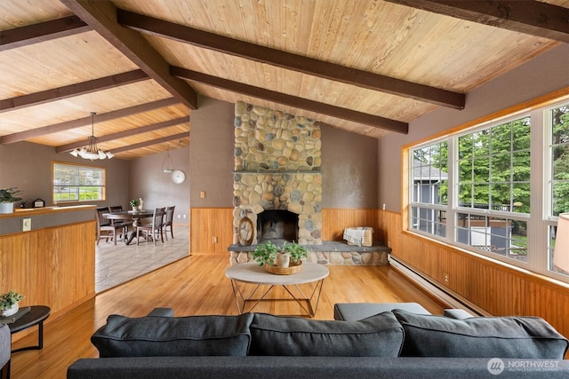 1302 Spruce St, Longview, WA 98632 - living area with wainscoting, wood finished floors, wooden ceiling, a chandelier, and a baseboard radiator