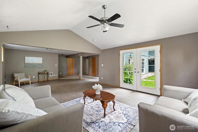 1302 Spruce St, Longview, WA 98632 - living room featuring lofted ceiling, french doors, a ceiling fan, and baseboards