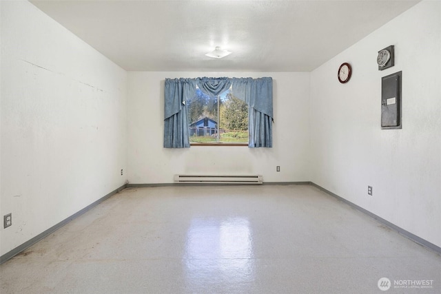 unfurnished room with baseboards, concrete flooring, electric panel, and a baseboard radiator