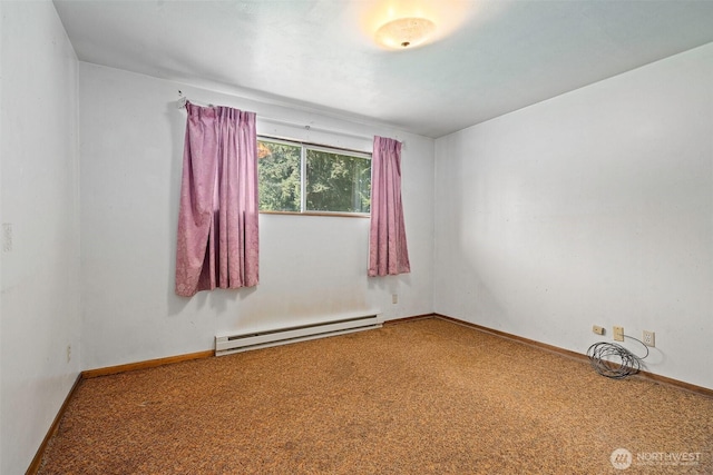 empty room with a baseboard radiator, carpet flooring, and baseboards