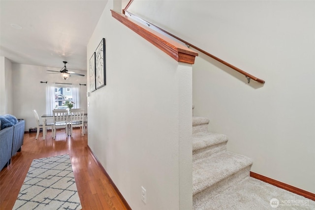 stairway with a ceiling fan, wood finished floors, and baseboards